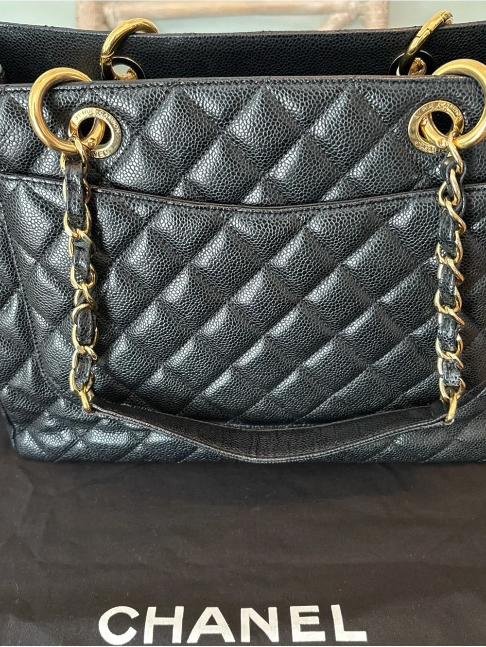 Authentic Chanel Quilted Leather Grand Shopping Tote Bag in Black